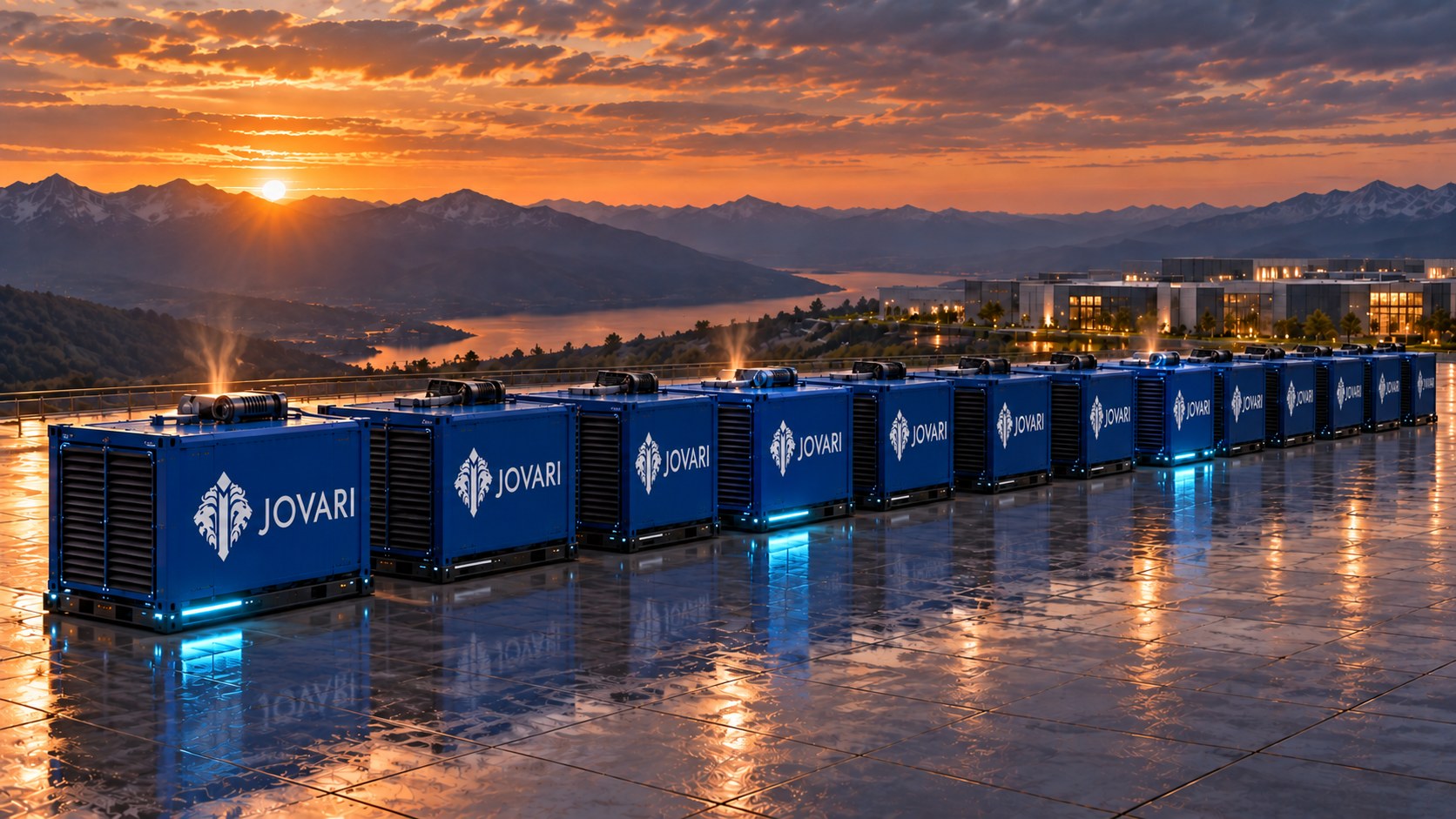 (2) Predictive Dispatch — Jovari unit fleet arrayed outside a data center campus