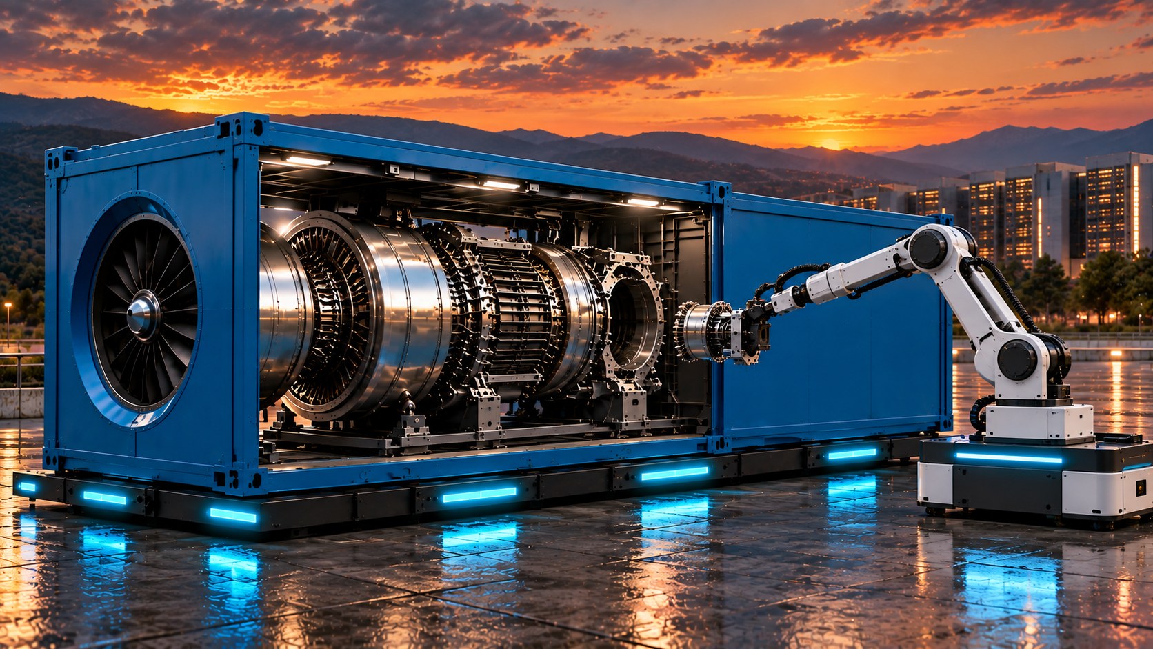(3) Robotically Serviceable Cartridges — robotic arm extracting a turbine cartridge from an open Jovari unit