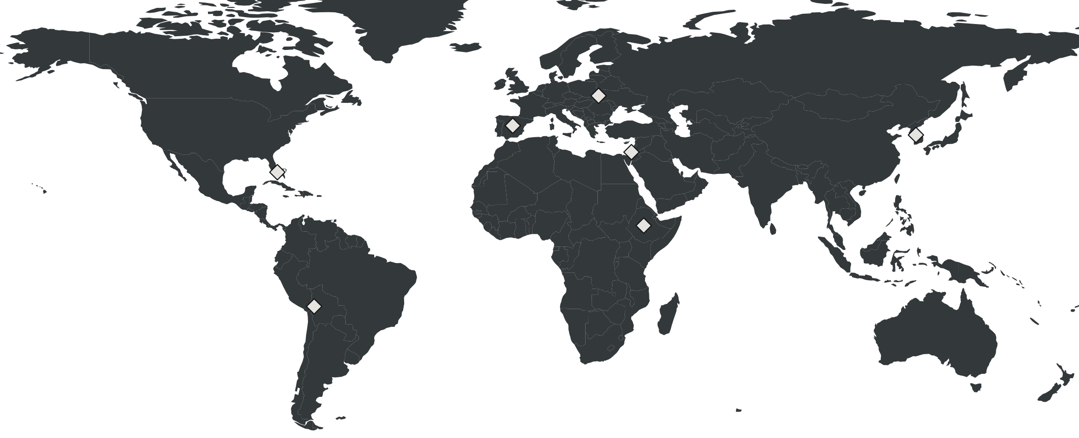 World map with markers across seven regions