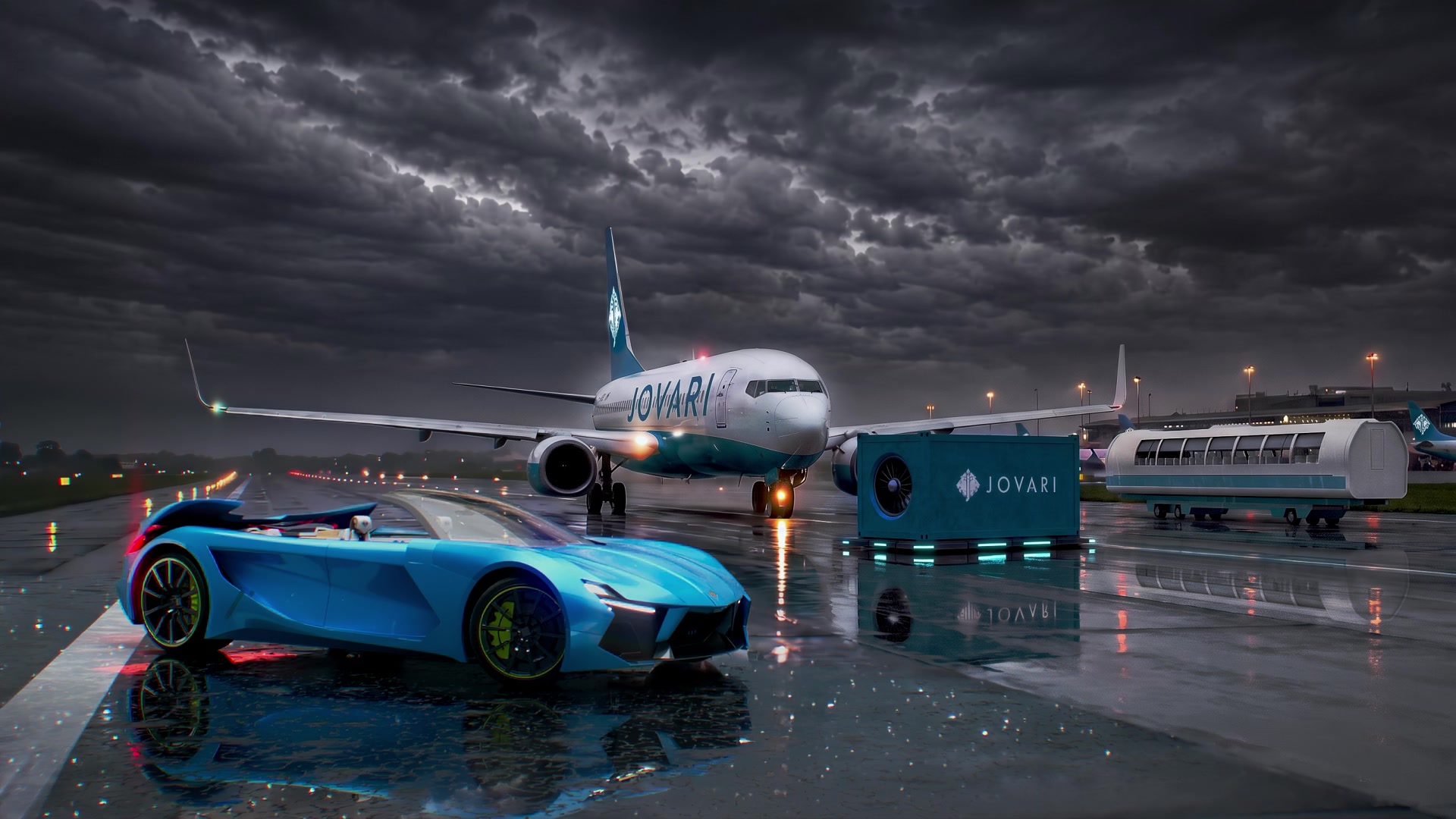 Jovari J1 hypercar in the foreground with the Jovari aircraft on a rain-slicked runway