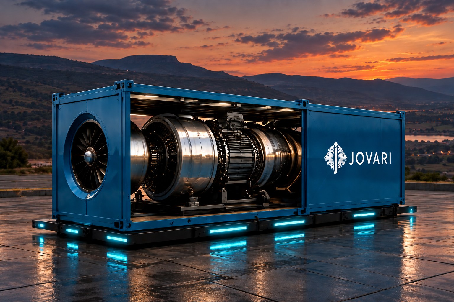 Jovari Jetpower containerized gas turbine unit at sunset, side panel open showing the turbine core