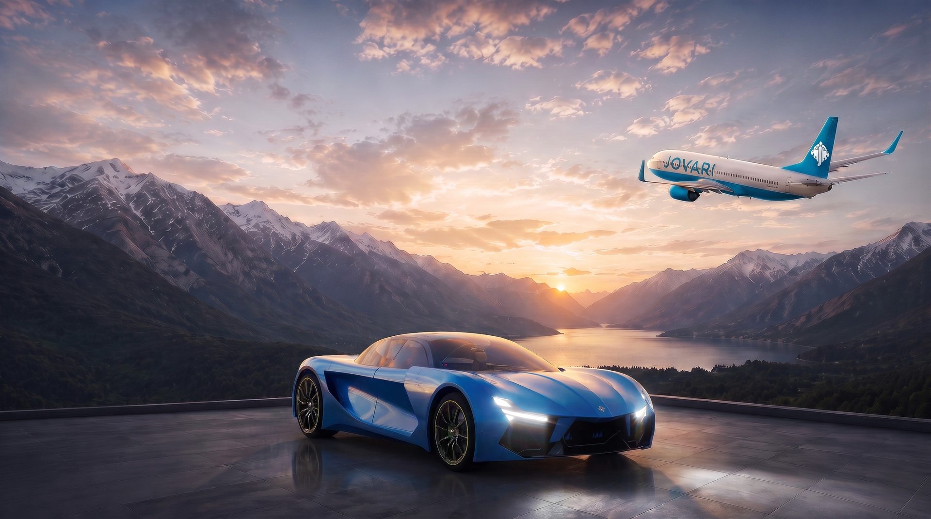 Jovari J1 hypercar on a mountain terrace at sunset with a Jovari aircraft overhead