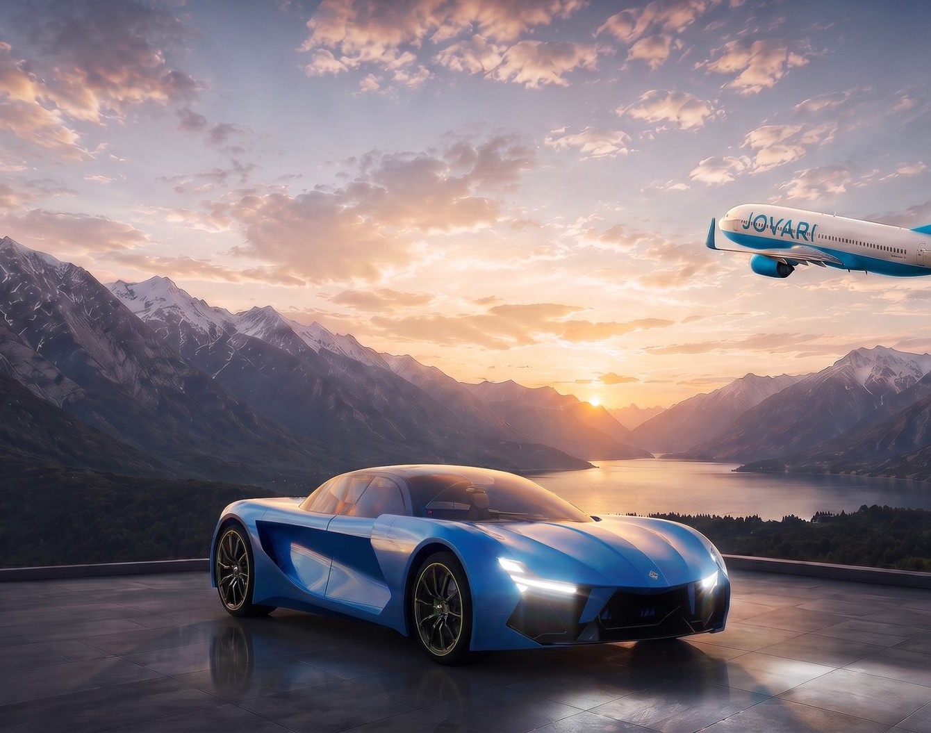 Jovari J1 electric hypercar on a mountain terrace at sunset, Jovari aircraft overhead