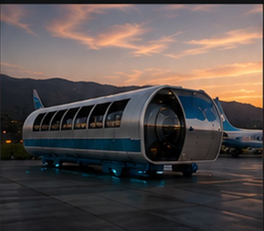 Jovari Jetspeed modular passenger cabin on an airfield at dusk
