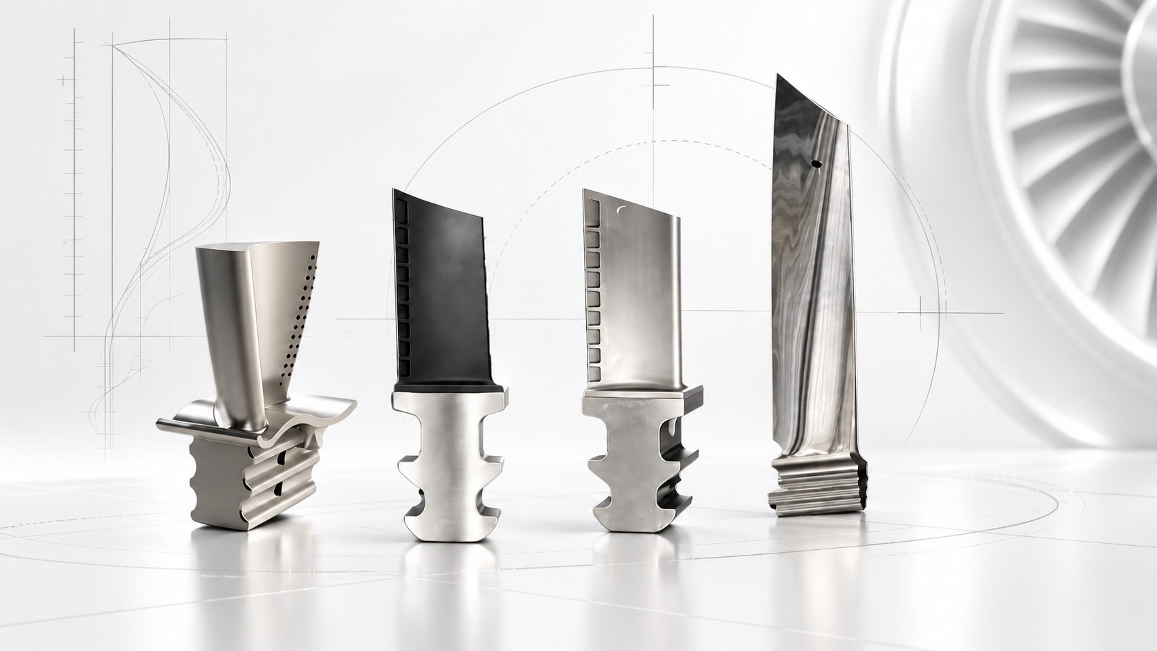 Single-crystal turbine blades and vanes beside a turbofan, with airfoil engineering drawings
